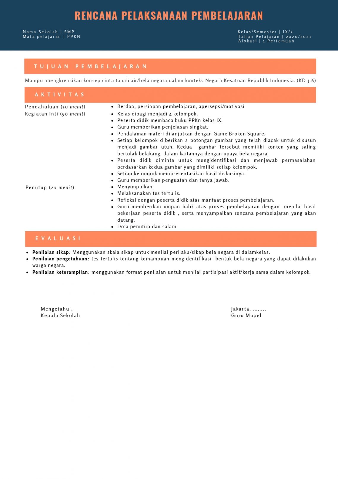 Contoh RPP SMP 1 Lembar – idsch.id